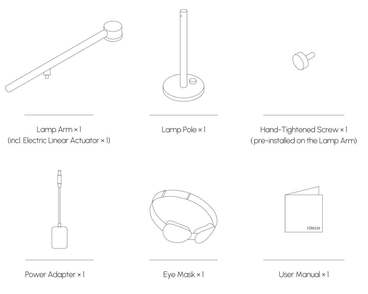 Illustration of Forecee Beauty Lamp product box contents — one lamp arm, one lamp pole, one screw, one power adapter, one eye mask, and one user manual.