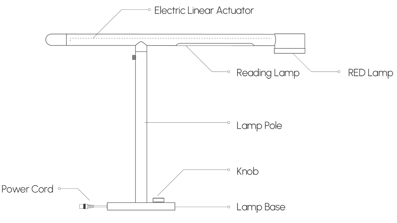 Labeled diagram showing Forecee Beauty Lamp components — electric linear actuator, reading lamp, red lamp, lamp pole, knob, lamp base, and power cord.