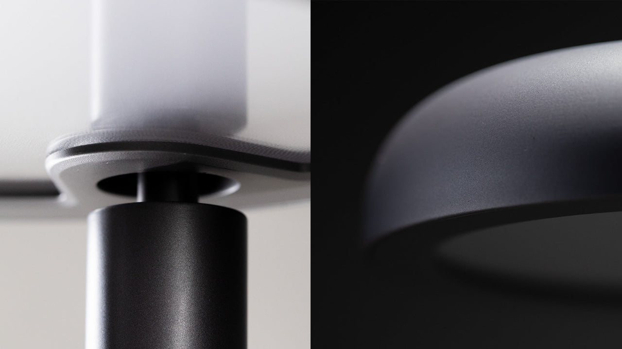 Close-up of the Forecee Desk Lamp’s hidden hinge and full-aluminum lamp head, highlighting its premium design and surface finish.