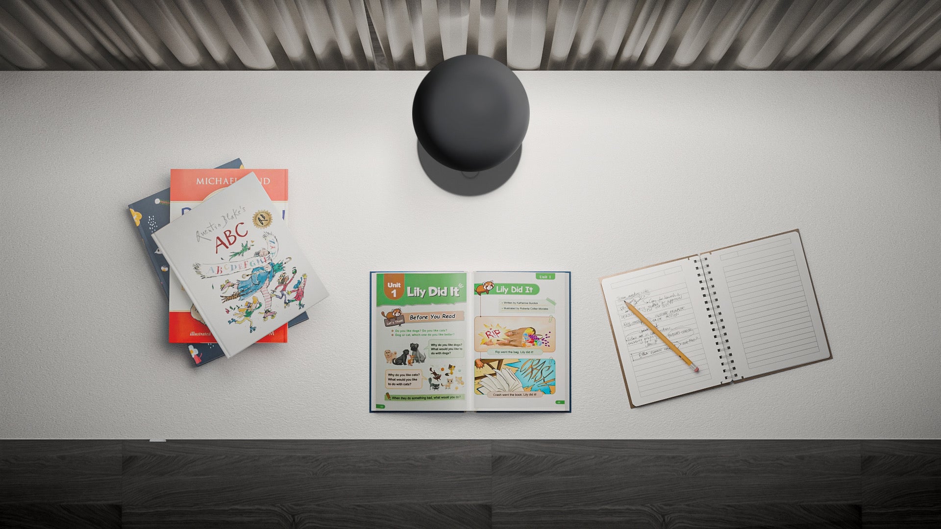 Open book, notebook, and study materials on a white table. Forecee Desk Lamp providing uniform, forward-throw illumination across the full table.