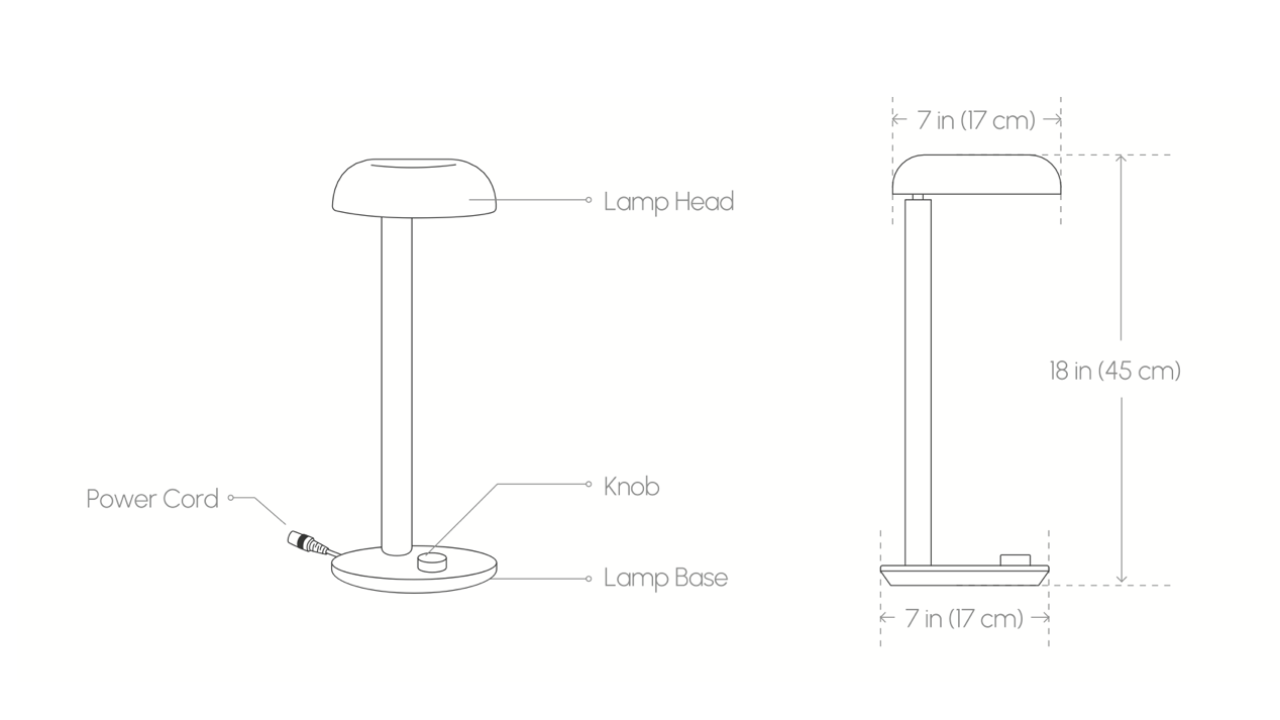 Detailed technical drawing of Forecee Desk Lamp showing labeled components and precise dimensions.