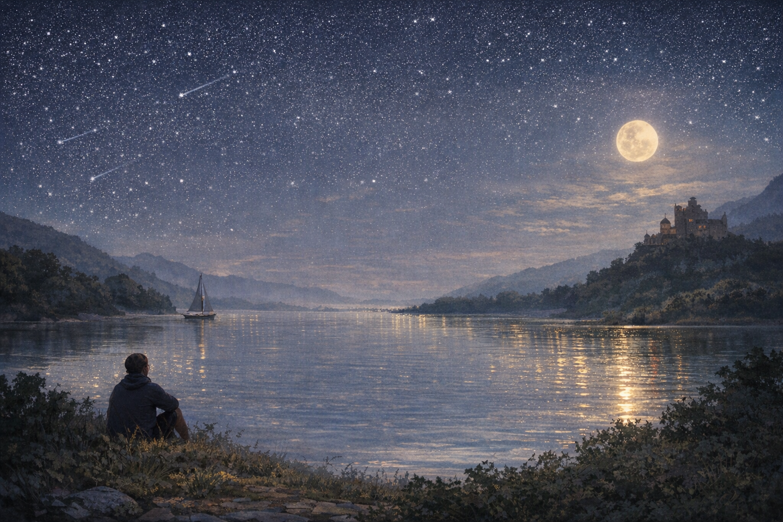 Person sitting by a lake under a starry night sky with a full moon, mountains in the background.