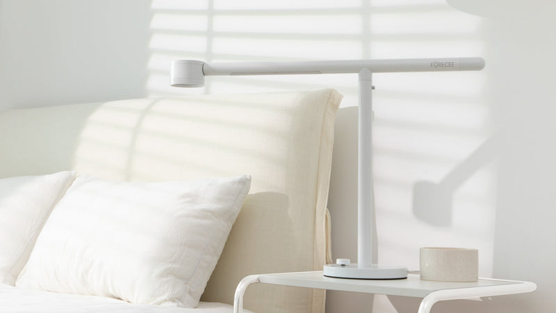 A light routine featuring the Forecee Beauty Lamp — starting with reading under premium white light, then switching to red-light therapy with one press.